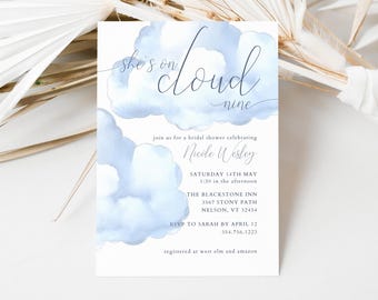 She's On Cloud Nine vrijgezellenfeestuitnodiging, direct downloaden, Cloud 9 doucheuitnodiging, afdrukbare sjabloon, bruidsdouche uitnodigen wolken, LLP19