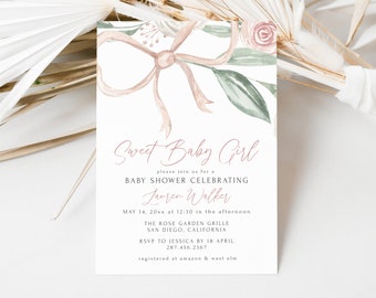 Może przedstawiać: Różowe i zielone zaproszenie na baby shower z akwarelową ilustracją kokardki i kwiatów. Tekst brzmi "Sweet Baby Girl" i zawiera informacje o wydarzeniu, w tym datę, godzinę, miejsce i dane kontaktowe do RSVP.