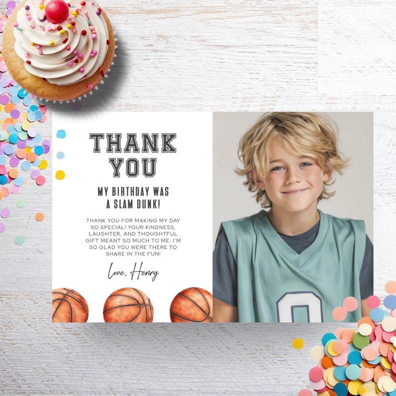 Basketball Birthday Thank You Card: Slam Dunk Birthday Party Editable ...