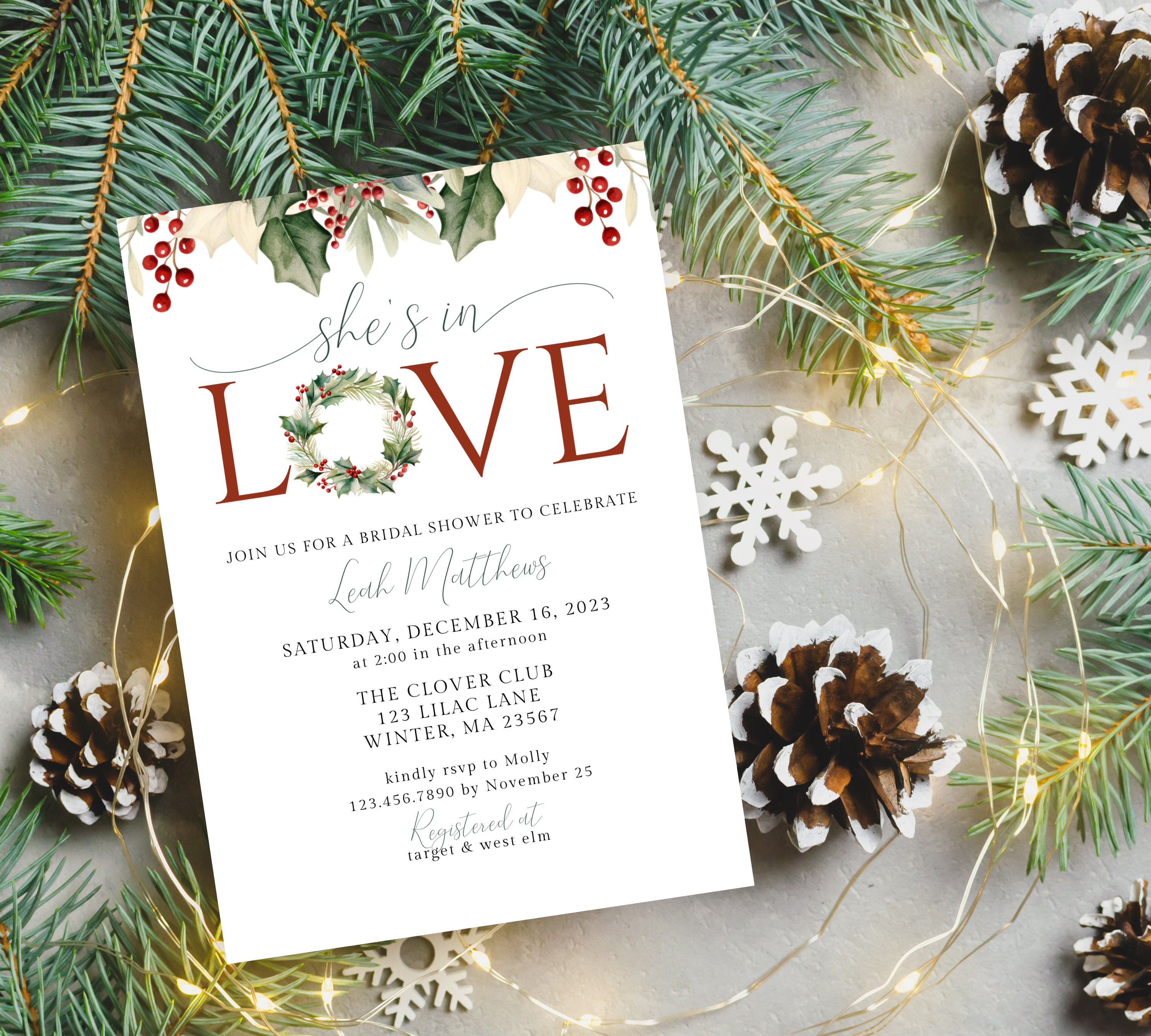 Christmas Bridal Shower Invitation, She's in Love, Holiday Shower ...