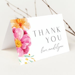 Carte de remerciement, douche nuptiale florale rose vif Merci à imprimer, événement dans le jardin, téléchargement immédiat, modèle de mariage floral printanier, LLP29