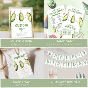 Dill Pickle Theme Birthday Template Bundle. Invitation, Name Game, Thank You Card, Chocolate Bar Wrapper, Water Bottle Label, Welcome Sign, Photo Thank You Card, Banner, Food Label, Cupcake Topper, Custom Sign, Favor Tag. Watercolor Pickles in Party Hats. Green Display and Script Fonts. White Background. Editable Printable Templates.
