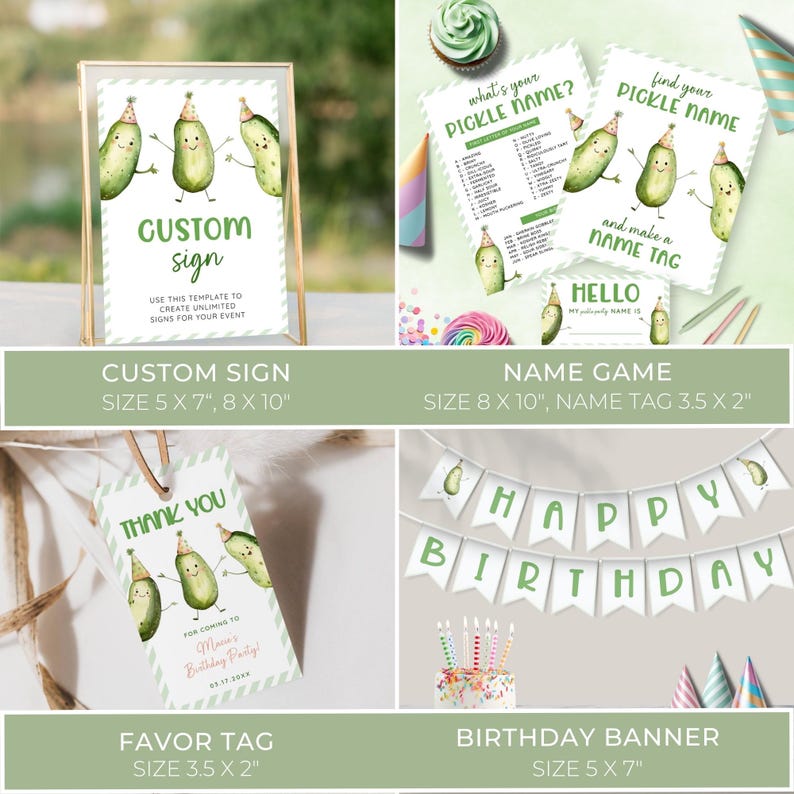 Dill Pickle Theme Birthday Template Bundle. Invitation, Name Game, Thank You Card, Chocolate Bar Wrapper, Water Bottle Label, Welcome Sign, Photo Thank You Card, Banner, Food Label, Cupcake Topper, Custom Sign, Favor Tag. Watercolor Pickles in Party Hats. Green Display and Script Fonts. White Background. Editable Printable Templates.