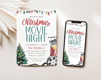 May include: A Christmas movie night invitation with a red and green watercolor design. The invitation features a Christmas tree, a film reel, popcorn, and a clapperboard. The text on the invitation reads "Christmas Movie Night" and includes the date, time, and location of the event.