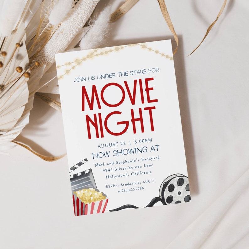 Movie Night Invitation. Join us Under the Stars. Film roll, Popcorn  and Clapper, Twinkly lights. Blue and Red Fonts and White Background. Print or send digitally. 5x7.