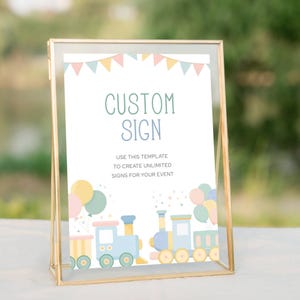 Train Birthday Table Sign, Editable Custom Party Sign Template, Pastel Choo Choo Train Decoration Printable, LLP257