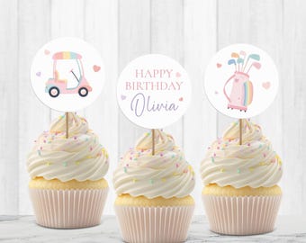 Adorno imprimible para cupcakes de fiesta de golf, decoración imprimible para cumpleaños de niña con temática de golf, plantilla editable para adornos de cupcakes con temática de golf rosa, LLP260