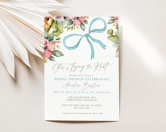 Tying the Knot Bridal Shower Invitation Template, Blue Bow Bridal Shower Invite Editable, Ribbon Wedding Shower, Instant Download, LLP64
