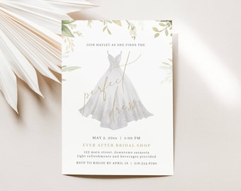 May include: Invitation to a bridal shower for Hayley, featuring a watercolor illustration of a white wedding dress with the text "Join Hayley as she finds the perfect dress". The invitation includes the date, time, and location of the event: May 2, 20xx at 1:00 PM at Ever After Bridal Shop, 123 Main Street, Downtown Sarasota. It also includes RSVP information: RSVP to Khloe by April 15 at 216.354.6790.