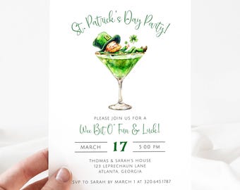 Editable St Patrick's Day Party Invite Template, St Paddy's Day Digital Invitation Adults, Leprechaun Shamrock Green Irish Martini, LLP200