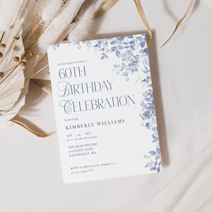 Blue Toile 60th Birthday Invitation. Dusty Blue Vintage Florals. Blue Font. White Background. Print or Send Digitally. 5x7 inches.
