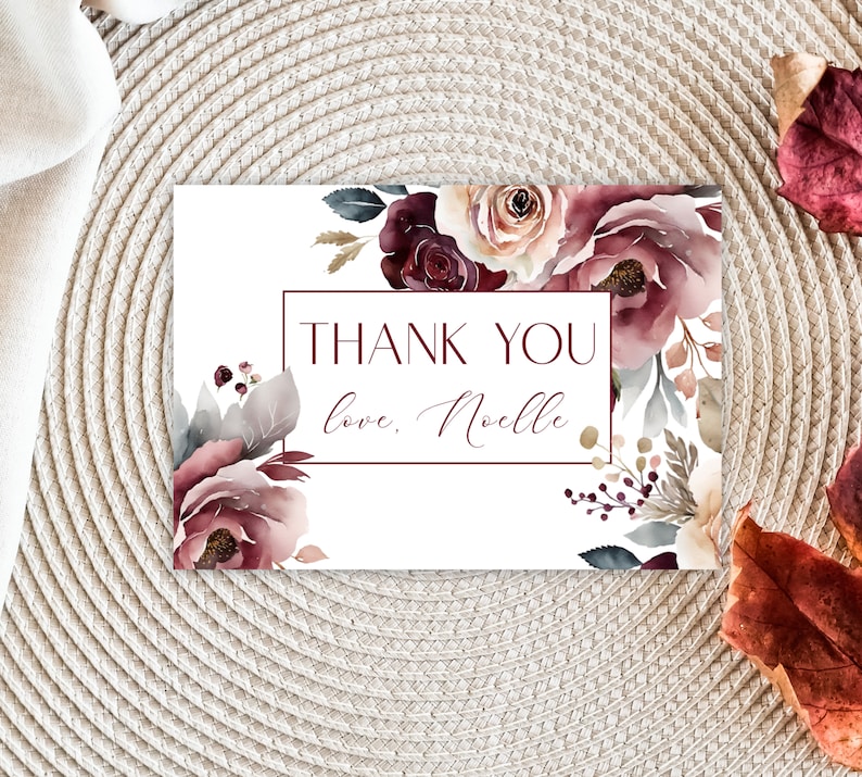Thank You Card, Bridal Shower Thanks, Burgundy Bridal Shower, Winter Floral Thank You, Instant
