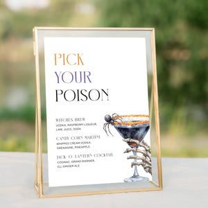 Halloween Party Cocktail Menu. Skeleton Hand Holding Martini with Spider Crawling on Rim. Purple, Orange and Black Fonts. White Background. 5x7 and 8x10.