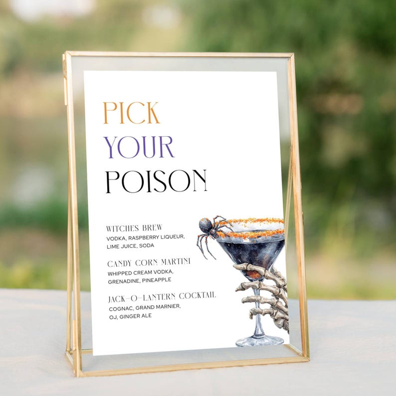 Halloween Party Cocktail Menu. Skeleton Hand Holding Martini with Spider Crawling on Rim. Purple, Orange and Black Fonts. White Background. 5x7 and 8x10.