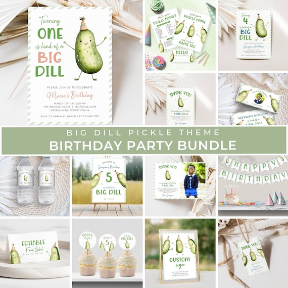 Pickle Theme Birthday Bundle, Big Dill Pickle Birthday Bundle, Pickle Birthday Party Decor Editable Template Bundle Instant Download, LLP204