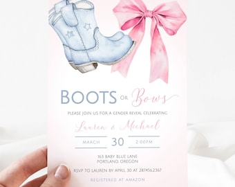 Cowboy Gender Reveal Invite, Boots Or Bows Gender Reveal Template, Pink Or Blue Baby Shower, Digital Gender Reveal Country Western, LLP188