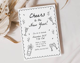 New Years Eve Party Doodle Invitation Template, Trendy NYE Invite, Hand Drawn Style New Years Eve Invite Digital Editable, LLP266