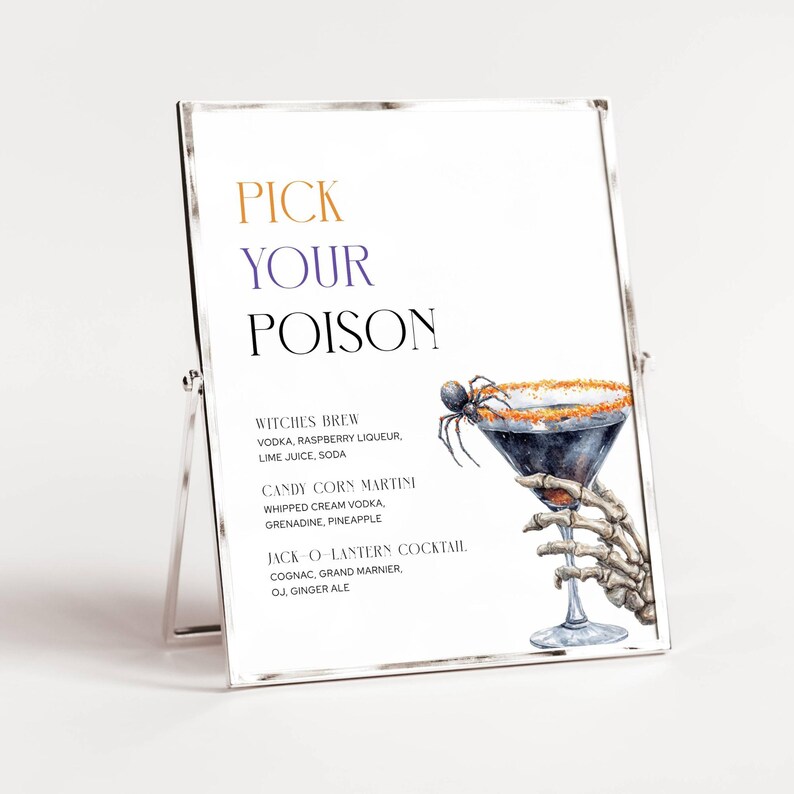 Halloween Party Cocktail Menu. Skeleton Hand Holding Martini with Spider Crawling on Rim. Purple, Orange and Black Fonts. White Background. 5x7 and 8x10.