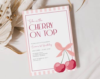 Cherry On Top Birthday Invite Editable Template, Our Little Cherry On Top, Cherry First Birthday Party Invite, Cherries Theme, LLP249