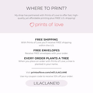 May include: A promotional graphic with the text "WHERE TO PRINT?" and "prints of love." It highlights free shipping within the U.S., free envelopes, and the planting of a tree with every order. Includes a coupon code for 10% off.