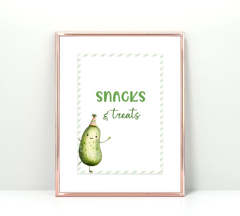 Dill Pickle Theme Birthday Custom Sign Template. Watercolor Pickles in Party Hats. Green Display and Script Fonts. White Background. 5x7 and 8x10.
