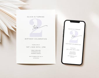 2. Geburtstagsfeier einladen Minimal, Einladung zum 2. Geburtstag Modern, zwei Jahre alter Geburtstag einladen bearbeitbare digitale Vorlage, LLP191