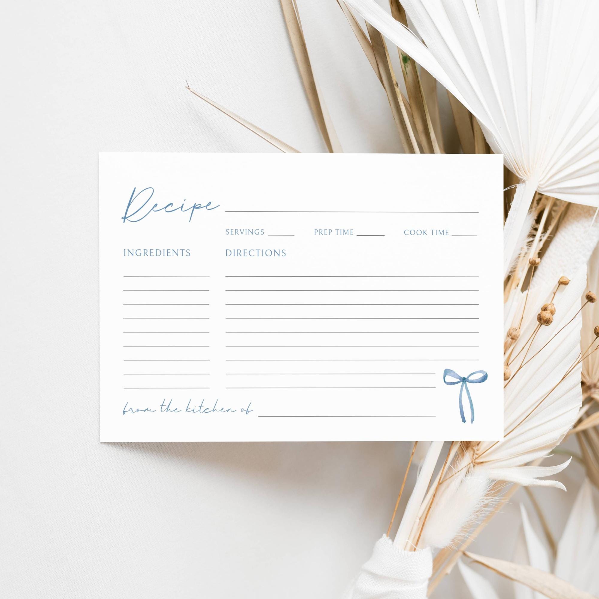 Blue Bow Recipe Card Printable Template, Something Blue Bridal Shower ...