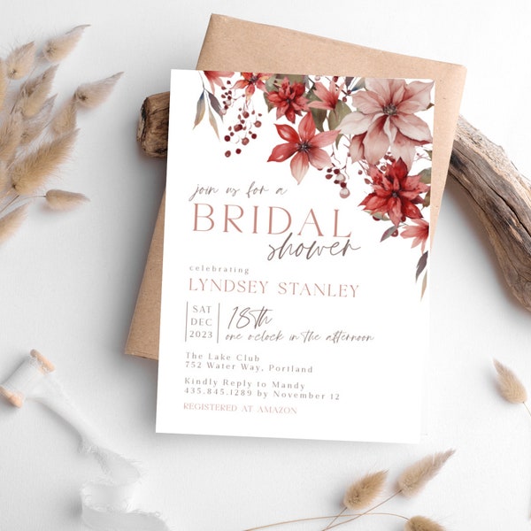 Red Floral Bridal Shower Invitation Template, Instant Download, Winter Bridal Shower Invite Printable, Wedding Shower Invite Template, LLP22