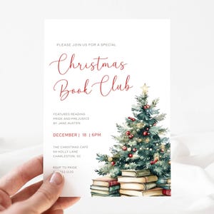 Christmas Book Club Invitation. Stack of Vintage books with Christmas Tree. Red Script Font. White background. Print or send digitally. 5x7