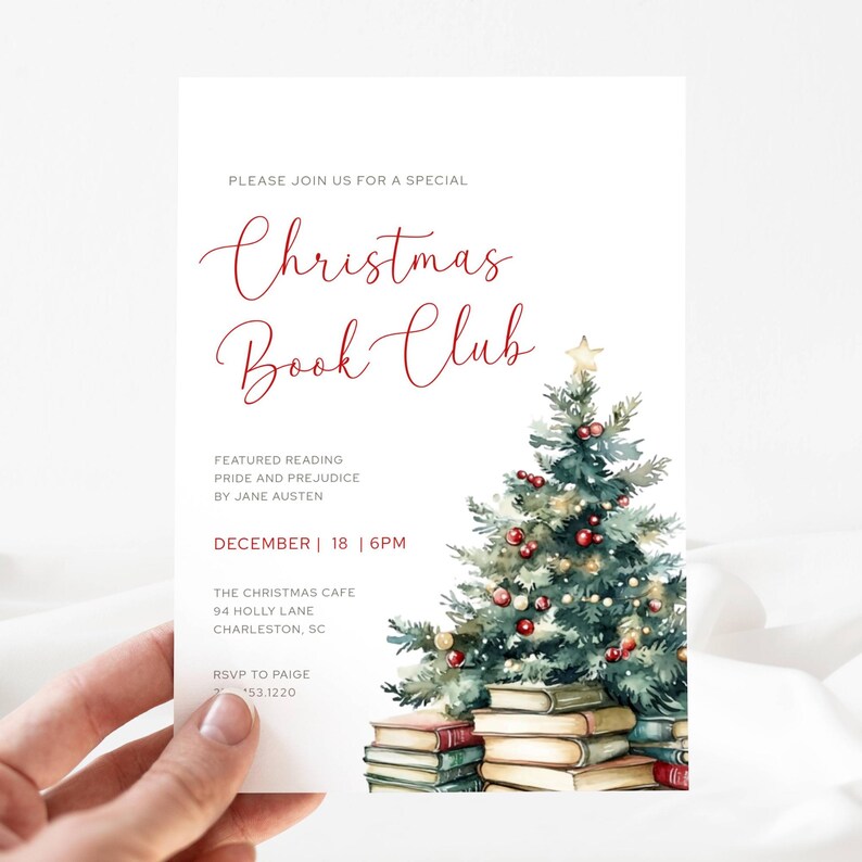 Christmas Book Club Invitation. Stack of Vintage books with Christmas Tree. Red Script Font. White background. Print or send digitally. 5x7