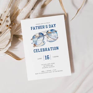 Fathers Day Celebration Invitation, Aviator Sunglasses, Blue Display and Black Fonts. White Background. 5x7. Editable Printable. Instant Download. Print or Send Digitally.