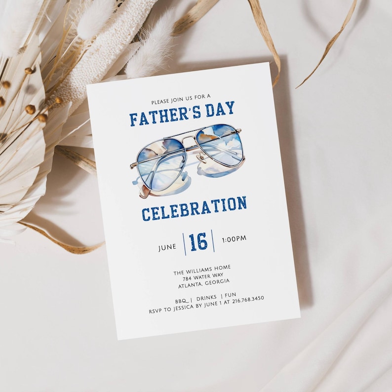 Fathers Day Celebration Invitation, Aviator Sunglasses, Blue Display and Black Fonts. White Background. 5x7. Editable Printable. Instant Download. Print or Send Digitally.