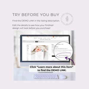 May include: A computer screen displaying an Etsy listing for a digital printable invitation. The listing includes a preview of the invitation, which features a watercolor butterfly design. The text on the screen reads "DEMO-TRY BEFORE YOU BUY" and "Learn more about this item".