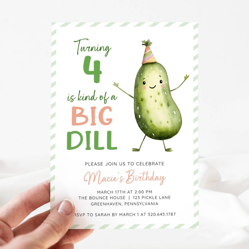 A Big Dill Pickle Theme Birthday Party Invitation. Watercolor Pickle wearing a party hat. Green, Pink and Black Fonts. White Background. Print or Send Digitally. 5x7