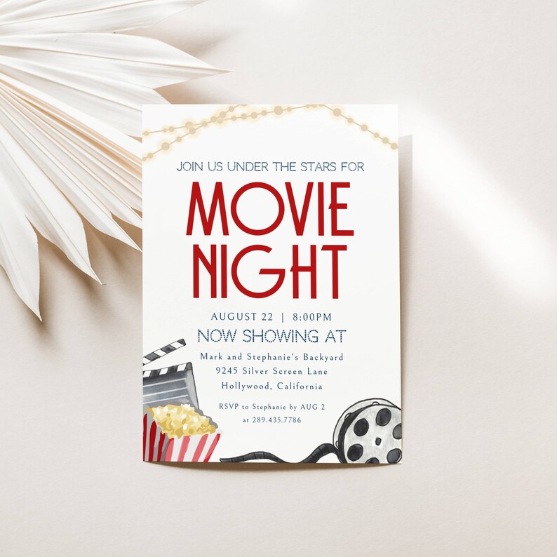 Movie Night Invitation. Join us Under the Stars. Film roll, Popcorn  and Clapper, Twinkly lights. Blue and Red Fonts and White Background. Print or send digitally. 5x7.