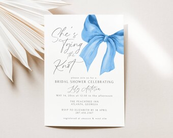 Blue Bow Bridal Shower Invitation Template, She's Tying the Knot Shower Invite Editable, Wedding Shower Invite Coquette Bow, Instant, LLP94