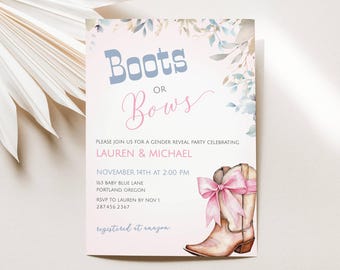 Boots Or Bows Gender Reveal Invite, Boots Or Bows Baby Shower, Pink Or Blue, He Or She Gender Reveal Party, Cowboy Theme, Western, LLP188