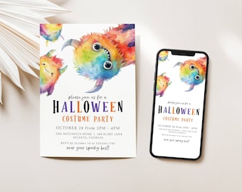 Kids Halloween Party Invitation Template, Halloween Costume Party Invite, Editable Halloween Invite Digital, Monster Halloween Invite LLP126