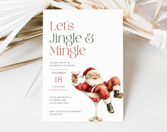 Christmas Party Invitation, Let's Jingle and Mingle, Martini Santa Cocktail Party Editable Printable Template,  LLP149