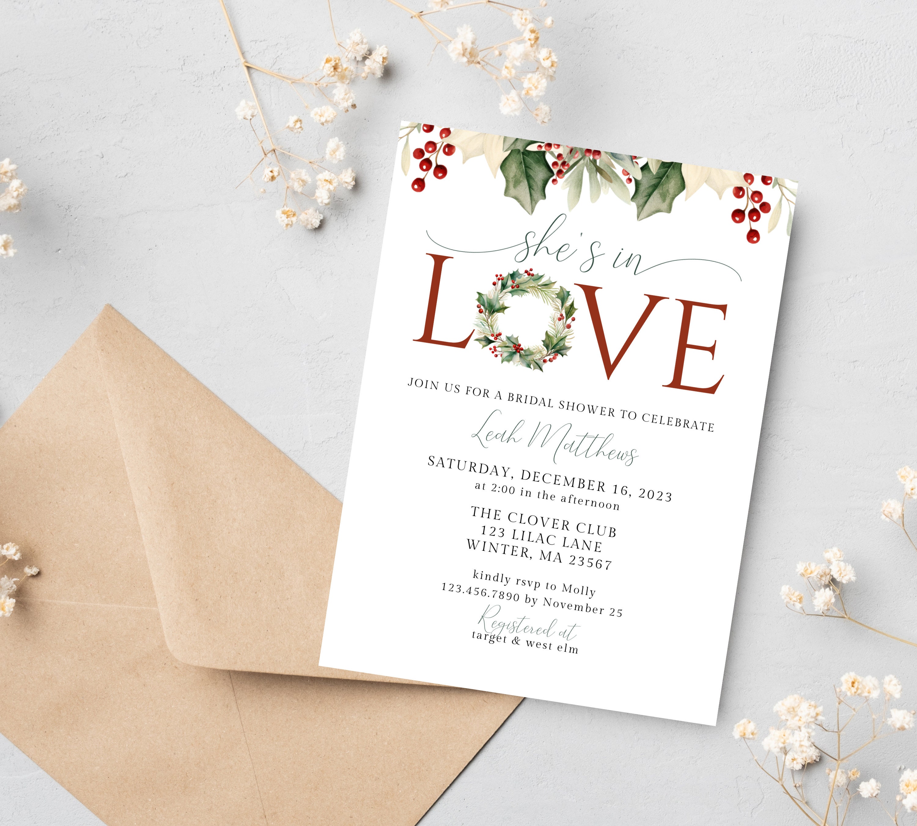 Christmas Bridal Shower Invitation, She's in Love, Holiday Shower ...
