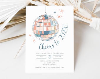 Disco Ball New Year's Eve Party Invite Template, New Years Party Disco Invite Digital, Editable New Years Eve Party Invitation Cheers LLP187