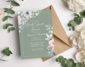 Sage Green Bridal Shower Brunch Invitation, Floral Bridal Shower InviteTemplate, Greenery Bridal Shower Invitation, Instant Download, LLP9