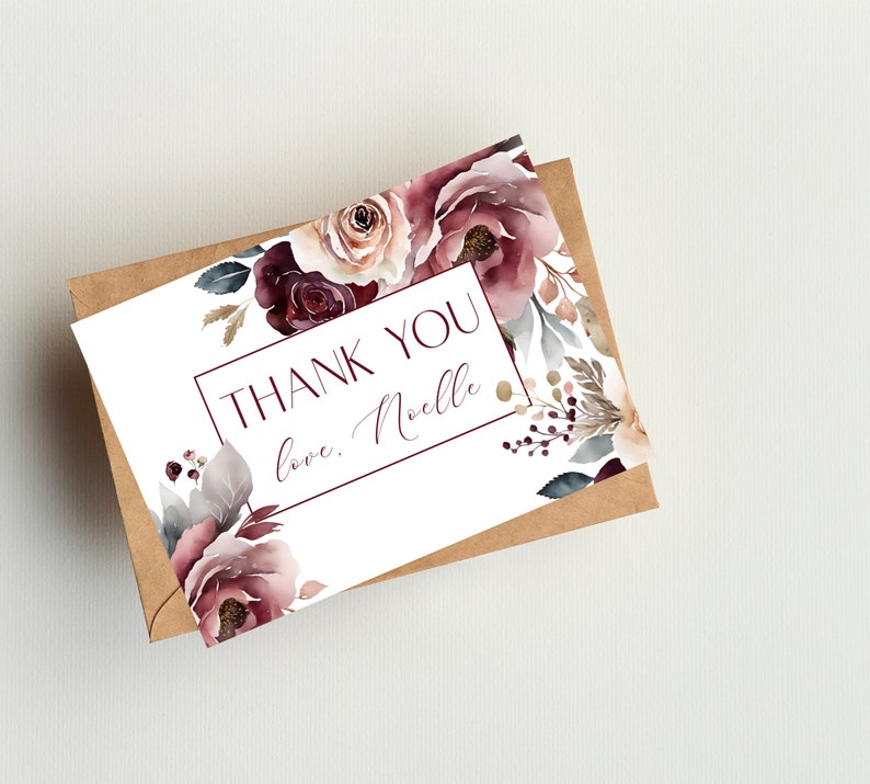 Thank You Card, Bridal Shower Thanks, Burgundy Bridal Shower, Winter Floral Thank You, Instant