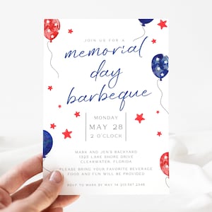 Memorial Day Party Invitation, Memorial Day BBQ Invite, Cookout Invitation Template, Red White Blue Invite, Backyard Barbeque Invite, LLP81