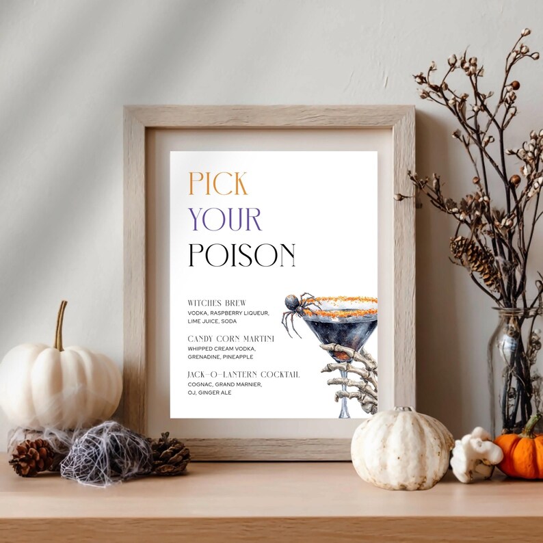 Halloween Party Cocktail Menu. Skeleton Hand Holding Martini with Spider Crawling on Rim. Purple, Orange and Black Fonts. White Background. 5x7 and 8x10.