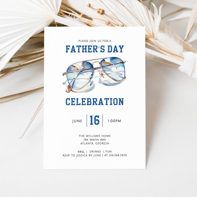 Fathers Day Celebration Invitation, Aviator Sunglasses, Blue Display and Black Fonts. White Background. 5x7. Editable Printable. Instant Download. Print or Send Digitally.