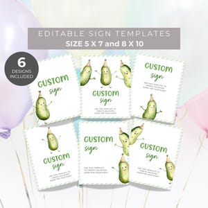 Dill Pickle Theme Birthday Custom Sign Template. Watercolor Pickles in Party Hats. Green Display and Script Fonts. White Background. 5x7 and 8x10.
