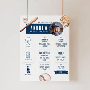 May include: A personalized baseball-themed poster for a one-year-old named Andrew. The poster includes a photo, stats like 26 inches tall and 22 pounds, and favorite things such as "Twinkle Twinkle Little Star".