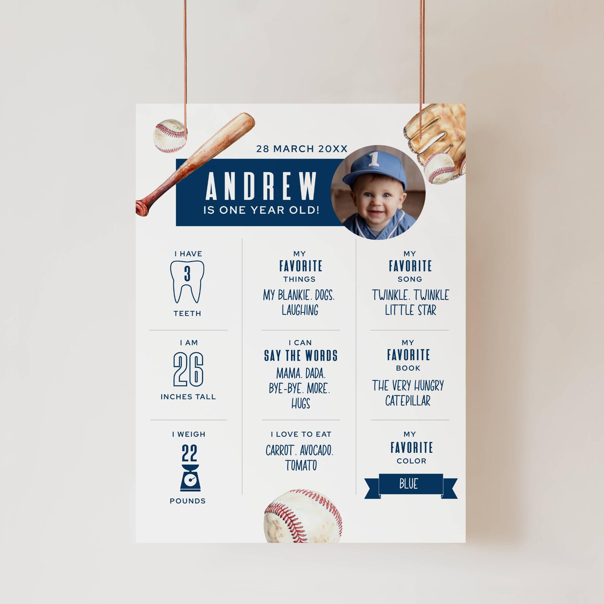 Baseball Theme Milestone Board, First Birthday Milestone Board Baseball, My Favorite Things Board, All About Me Board, Rookie Year, LLP217
