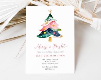 May include: A festive invitation for a holiday party, featuring a watercolour Christmas tree in shades of green, pink, and blue, topped with a gold star. The text reads "Merry & Bright" and includes party details: date, time, location, and RSVP information.